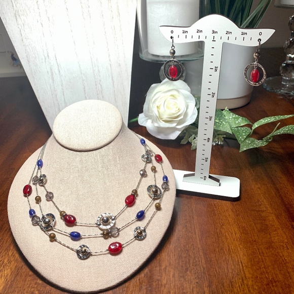 Jewelry - Matching Art Deco Hammered Silver Beaded Necklace and Earrings Set, 18”-21”